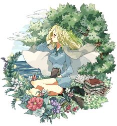 Rule 34 | 1girl, black footwear, blonde hair, blue dress, book, boots, cloud, commentary request, dress, full body, highres, holding, holding book, kaya (one piece), light smile, looking to the side, noise pp, ocean, on ground, one piece, plant, profile, sitting, solo, tree