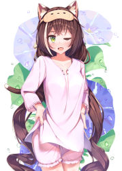 Rule 34 | 1girl, animal ear fluff, animal ears, blue flower, blush, breasts, brown hair, cat ears, cat girl, cat tail, collarbone, commentary request, ears visible through hair, fang, floral print, flower, frills, green eyes, highres, jiyasu, karyl (princess connect!), long hair, long sleeves, looking at viewer, low twintails, medium breasts, multicolored hair, one eye closed, open mouth, pink shirt, pink shorts, princess connect!, shirt, shorts, solo, streaked hair, tail, twintails, very long hair, water drop, white background, white hair