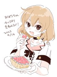 Rule 34 | 1girl, bandaid, bandaid on head, brown eyes, brown hair, choker, dated, food, fruit, hiro (srso4 ), kantai collection, oboro (kancolle), official alternate costume, pie, plate, shirt, smile, solo, strawberry, translation request, white shirt