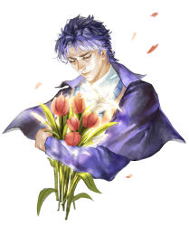 Rule 34 | 1boy, aruolrn, blue hair, bouquet, cape, closed eyes, flower, jojo no kimyou na bouken, jonathan joestar, lily (flower), male focus, simple background, solo, solo focus, tulip, white background