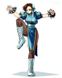 Rule 34 | 1girl, bad id, bad pixiv id, blue dress, boots, bracelet, breasts, brown hair, brown pantyhose, bun cover, capcom, china dress, chinese clothes, chun-li, double bun, dress, earrings, full body, hair bun, jewelry, large breasts, morunnga, pantyhose, pelvic curtain, puffy short sleeves, puffy sleeves, sash, short sleeves, simple background, solo, spiked bracelet, spikes, standing, standing on one leg, street fighter, stud earrings, white background