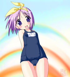 Rule 34 | 00s, 1girl, blue eyes, blue hair, dated, hiiragi tsukasa, lucky star, matching hair/eyes, name tag, one-piece swimsuit, school swimsuit, solo, swimsuit