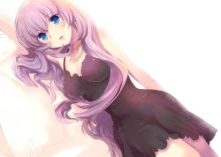 Rule 34 | 1girl, blue eyes, breasts, cleavage, dress, dutch angle, hikari no, large breasts, lingerie, long hair, looking at viewer, lying, megurine luka, negligee, on side, pink hair, solo, underwear, vocaloid
