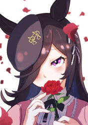 Rule 34 | 1girl, animal ears, black headwear, blush, brown hair, commentary request, covering own mouth, dress, falling petals, flower, hair over one eye, harakomeshi, highres, holding, holding flower, horse ears, horse girl, long hair, long sleeves, looking at viewer, petals, pink dress, purple eyes, red flower, red rose, rice shower (umamusume), rose, rose petals, simple background, solo, tilted headwear, umamusume, white background