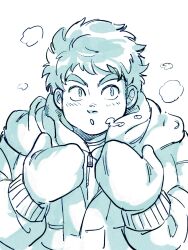 Rule 34 | 1boy, :o, cold, commentary request, hashi84e, highres, hood, hood down, hooded jacket, hoodie, jacket, male focus, mittens, monochrome, open mouth, protagonist 5 (housamo), short hair, simple background, solo, thick eyebrows, tokyo houkago summoners, upper body, white background