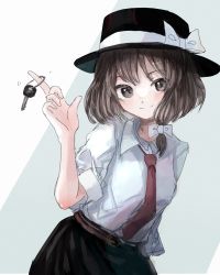 Rule 34 | 1girl, black hat, blouse, bow, brown eyes, collared shirt, commentary, fedora, hair bow, hat, hat bow, highres, key, keyring, looking at viewer, minus (sr mineka), necktie, puffy short sleeves, puffy sleeves, red necktie, shirt, short hair, short sleeves, smile, solo, touhou, upper body, usami renko, white bow, white shirt