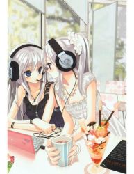 Rule 34 | 2girls, artist request, bare shoulders, black dress, blue eyes, cafe, computer, cup, dress, flower, food, hair flower, hair ornament, headphones, ice cream, jewelry, jpeg artifacts, keyboard (computer), laptop, long hair, mouth hold, multiple girls, necklace, original, parfait, pocky, ponytail, red eyes, silver hair, sitting, staring, sundae, tsukigami runa, white dress