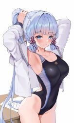Rule 34 | 1girl, against table, armpits, ayaka (genshin impact), blue eyes, blue hair, blush, breasts, chinese knot, competition swimsuit, cowboy shot, genshin impact, highleg, highres, long hair, looking at viewer, matrix16, medium breasts, one-piece swimsuit, open clothes, open shirt, pantyhose, ponytail, sideboob, sidelocks, simple background, smile, solo, swimsuit, tying hair, white background