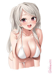 Rule 34 | 1girl, bare shoulders, bikini, blush, breasts, collarbone, conte di cavour (kancolle), cropped arms, cropped legs, ebifurya, grey hair, hanging breasts, highres, kantai collection, large breasts, leaning forward, long hair, looking at viewer, navel, one-hour drawing challenge, open mouth, parted bangs, purple eyes, simple background, skindentation, smile, solo, stomach, swimsuit, teeth, thighs, twitter username, two side up, upper teeth only, white background, white bikini