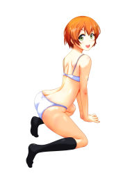 Rule 34 | 10s, 1girl, :d, all fours, arched back, ass, back, blush, bra, butt crack, from side, full body, green eyes, highres, hoshizora rin, jou (circlemay), kneehighs, kneeling, looking at viewer, looking to the side, love live!, love live! school idol project, open mouth, orange hair, panties, shiny skin, shoulder blades, sidelocks, simple background, smile, socks, solo, tiptoes, underwear, underwear only, white background, white bra, white panties