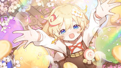 Rule 34 | 1girl, apple caramel, apron, arms up, blonde hair, blue eyes, brown apron, bubble, coin, collared shirt, commentary request, commission, flower, gold coin, hair between eyes, hair flower, hair ornament, highres, long sleeves, looking at viewer, looking up, neck ribbon, original, petals, pixiv commission, puffy long sleeves, puffy sleeves, red ribbon, ribbon, shirt, solo, white flower, white shirt