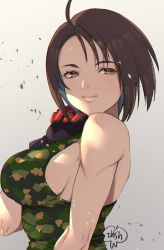 Rule 34 | 1girl, breasts, brown eyes, brown hair, camouflage tank top, capcom, commentary request, gloves, gradient background, green tank top, grey background, highres, justice gakuen, kazama akira, large breasts, light smile, looking at viewer, murata tefu, muscular, muscular female, short hair, sideboob, smile, solo, street fighter, street fighter v, tank top, upper body