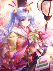 Rule 34 | 1girl, absurdres, angel beats!, closed mouth, goto p, hair between eyes, hair ornament, hand fan, highres, hina ningyou, holding, holding fan, japanese clothes, kimono, long hair, pink kimono, silver hair, sitting, smile, solo, tenshi (angel beats!), twintails, very long hair, yellow eyes