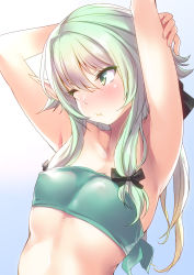 Rule 34 | 10s, 1girl, armpits, arms up, bandeau, blush, bow, closed mouth, commentary request, covered erect nipples, elf, flat chest, goblin slayer!, gradient background, green eyes, green hair, hair between eyes, hair bow, high elf archer (goblin slayer!), highres, long hair, looking away, nukkoru, one eye closed, pointy ears, sidelocks, simple background, solo, strapless, tube top