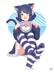 Rule 34 | 1girl, animal ears, artist name, bell, black hair, black panties, blush, bow, bowtie, breasts, cat ears, cat tail, cyan (show by rock!!), fang, feet, foot focus, foreshortening, frilled skirt, frills, gothic lolita, green eyes, hair ornament, hairband, highres, lolita fashion, looking at viewer, lululewd, open mouth, panties, pink bow, pink bowtie, short hair, show by rock!!, simple background, sitting, skirt, small breasts, smile, solo, striped clothes, striped thighhighs, tail, thighhighs, underwear