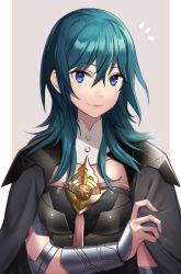 Rule 34 | 1girl, armor, blue eyes, blue hair, breasts, byleth (female) (fire emblem), byleth (fire emblem), cape, commentary request, fire emblem, fire emblem: three houses, green hair, grey background, hair between eyes, long hair, looking at viewer, minami ikkei, nintendo, simple background, smile, solo, white background