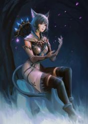 Rule 34 | 1girl, animal ears, warrior of light (ff14), blue hair, cat ears, cat tail, elbow gloves, facial mark, final fantasy, final fantasy xiv, gloves, lilaccu, miqo&#039;te, petals, red eyes, short hair, sitting, solo, tail, tree