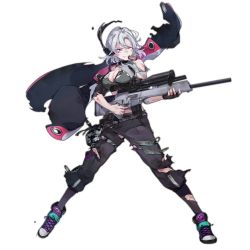 Rule 34 | 1girl, belt, breasts, cleavage, closed mouth, damaged, fingerless gloves, full body, girls&#039; frontline, gloves, gun, hair between eyes, holding, holding gun, holding weapon, imoko (imonatsuki), jacket, looking away, medium hair, official art, one eye closed, pants, purple eyes, rifle, scope, shirt, shoes, silver hair, single glove, sl8 (girls&#039; frontline), smile, sneakers, sniper rifle, solo, standing, teeth, torn clothes, torn jacket, torn pants, torn shirt, torn sleeves, transparent background, weapon