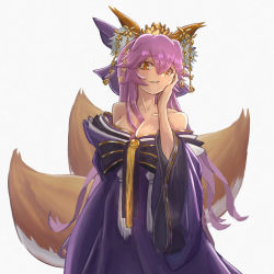 Rule 34 | 1girl, animal ear fluff, animal ears, artist request, bell, blue kimono, breasts, cleavage, crown, fate/grand order, fate (series), fox ears, fox girl, fox tail, hair between breasts, highres, japanese clothes, kimono, large breasts, long hair, looking at viewer, multiple tails, off shoulder, pink hair, simple background, solo, tail, tamamo (fate), tamamo no mae (fate/extra), very long hair, white background, yellow eyes