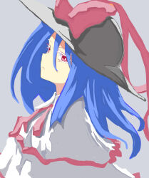 Rule 34 | 1girl, black hat, blue hair, bow, capelet, closed mouth, commentary request, from side, grey background, hair between eyes, hat, hat bow, highres, looking at viewer, medium hair, nagae iku, red bow, red eyes, simple background, solo, touhou, upper body, white capelet, yamasina009