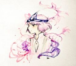Rule 34 | 1other, androgynous, closed mouth, colored pencil (medium), ion (alkalion18), len&#039;en, other focus, pink eyes, pink hair, profile, shion (len&#039;en), shirt, short hair, signature, simple background, solo, traditional media, triangular headpiece, white background, white shirt