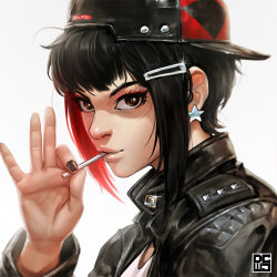 Rule 34 | 1girl, baseball cap, black eyes, black hair, black hat, black jacket, black nails, candy, commentary, dcwj, earrings, eyelashes, fingernails, food, hair ornament, hairclip, hand up, hat, high collar, holding, jacket, jewelry, leather, leather jacket, lips, lollipop, long sleeves, looking at viewer, mouth hold, multicolored hair, nail polish, original, red hair, shirt, short hair, sidelocks, solo, star (symbol), star earrings, studded jacket, two-tone hair, undershirt, upper body