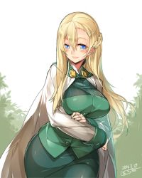 Rule 34 | 1girl, :d, absurdres, blonde hair, blue eyes, blush, breast hold, breasts, cape, cowboy shot, dated, formal, green skirt, half updo, highres, kokka han, large breasts, long hair, long sleeves, looking at viewer, mint (summon night), mole, mole under eye, open mouth, pencil skirt, signature, skirt, skirt suit, smile, solo, suit, summon night, summon night 4, white cape