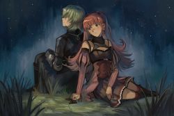 Rule 34 | 1boy, 1girl, back-to-back, black gloves, blunt bangs, blush, boots, breasts, byleth (fire emblem), byleth (male) (fire emblem), cleavage, cleavage cutout, closed mouth, clothing cutout, detached sleeves, fire emblem, fire emblem: three houses, gloves, grass, green hair, grey skirt, hair over eyes, head tilt, highres, hilda valentine goneril, knee boots, kornod, long hair, long sleeves, medium breasts, miniskirt, night, nintendo, outdoors, pink hair, pink sleeves, profile, red eyes, red footwear, short hair, sitting, skirt, underbust, very long hair