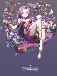 Rule 34 | 1girl, anklet, armlet, bare shoulders, barefoot, bracelet, breasts, choker, cleavage, commentary request, dress, eschamali (p&amp;d), highres, jewelry, legs, long hair, looking at viewer, purple eyes, purple hair, puzzle &amp; dragons, sitting, solo, tears, tennohi