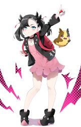 Rule 34 | 1girl, absurdres, asymmetrical bangs, backpack, bag, bare legs, black choker, black footwear, black hair, black jacket, blue eyes, boots, breasts, choker, cleavage, closed mouth, commentary, creatures (company), dress, full body, game freak, gen 8 pokemon, hair ribbon, highres, holding, holding poke ball, holding strap, jacket, kaminose (user veum4325), looking up, marnie (pokemon), medium hair, morpeko, morpeko (full), nintendo, open clothes, open jacket, outstretched arm, pink dress, pointing, pointing up, poke ball, poke ball (basic), pokemon, pokemon (creature), pokemon swsh, polka dot, red bag, red ribbon, ribbon, small breasts, solo, standing, twintails, white background