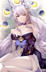 Rule 34 | 1girl, absurdres, animal ear fluff, animal ears, azur lane, breasts, choker, cleavage, floral print, fox ears, hand on own chest, highres, japanese clothes, kimono, kitsune, kyuubi, large breasts, looking at viewer, miniskirt, moon phases, multiple tails, off shoulder, one eye closed, purple choker, purple eyes, purple kimono, samip, shinano (azur lane), skirt, slit pupils, tail, thighhighs, white hair, white skirt, white tail, white thighhighs, zettai ryouiki
