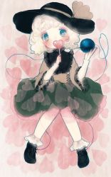Rule 34 | 1girl, adapted costume, bad id, bad twitter id, blue eyes, blush, boots, candy, covering own mouth, eyeball, food, full body, hat, hat ribbon, heart, heart-shaped pupils, heart of string, highres, komeiji koishi, lollipop, long sleeves, looking at viewer, ribbon, shirt, short hair, silver hair, skirt, socks, solo, string, symbol-shaped pupils, third eye, touhou, white socks, wide sleeves, yujup
