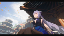 Rule 34 | 1girl, absurdres, ame999, black pantyhose, breasts, building, double bun, dress, genshin impact, hair bun, hair ornament, highres, keqing (genshin impact), keqing (opulent splendor) (genshin impact), looking up, pantyhose, purple eyes, purple hair, scenery, sky, smile, strapless, strapless dress, twintails