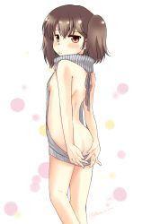 Rule 34 | 10s, 1girl, absurdres, ass, bare back, breasts, brown eyes, brown hair, butt crack, covering privates, covering ass, from behind, halterneck, harura-t, highres, kantai collection, looking back, meme attire, pout, ryuujou (kancolle), sideboob, signature, small breasts, solo, sweater, turtleneck, turtleneck sweater, twintails, twitter username, virgin killer sweater