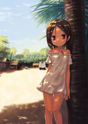 Rule 34 | 1girl, against tree, bare shoulders, blush, breasts, brown hair, child, dappled sunlight, dark-skinned female, dark skin, day, dress, jewelry, leaning, light smile, looking at viewer, necklace, original, outdoors, palm tree, red eyes, sand, short hair, sky, small breasts, smile, solo, sunlight, tan, thigh gap, tree, tree shade, vehicle, yukino minato