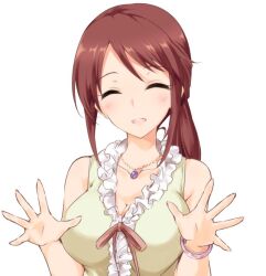 Rule 34 | 1girl, ^ ^, bare shoulders, blush, bow, bowtie, bracelet, breasts, brown hair, cleavage, closed eyes, collarbone, frilled shirt, frills, hands up, idolmaster, idolmaster cinderella girls, idolmaster cinderella girls starlight stage, jewelry, large breasts, mifune miyu, necklace, open hands, open mouth, pink bow, pink bowtie, ponytail, shirt, sidelocks, simple background, sleeveless, sleeveless shirt, smile, solo, white background, yabudatami, yellow shirt