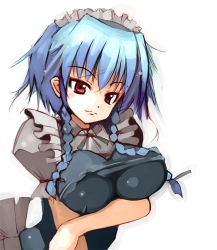Rule 34 | 1girl, blue hair, braid, breasts, female focus, ippongui, izayoi sakuya, large breasts, maid, red eyes, short hair, solo, embodiment of scarlet devil, touhou, twin braids, white background