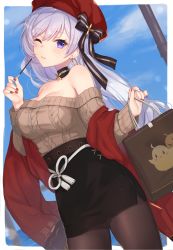 Rule 34 | 1girl, ;), aran sweater, azur lane, belfast (azur lane), belfast (shopping with the head maid) (azur lane), beret, black bow, black skirt, blue sky, blush, bow, breasts, brown pantyhose, brown sweater, cable knit, cleavage, closed mouth, cloud, commentary request, day, earrings, fingernails, food, hat, head tilt, highres, holding, holding food, hoop earrings, jewelry, kon (k0n16), large breasts, long hair, long sleeves, nail polish, off-shoulder sweater, off shoulder, one eye closed, pantyhose, pocky, purple eyes, purple hair, red hat, red nails, skirt, sky, sleeves past wrists, smile, solo, striped, striped bow, sweater, very long hair