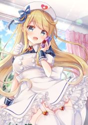 Rule 34 | 1girl, blonde hair, blue eyes, blush, bottle, bow, dress, emu alice, frilled dress, frills, garter straps, gomano rio, heart, highres, liver city, long hair, looking at viewer, nurse, smile, solo, striped, thighhighs, window