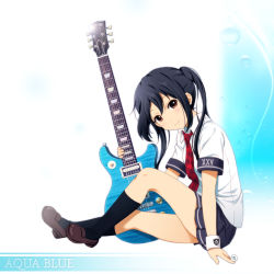 Rule 34 | 1girl, alternate costume, black hair, black legwear, brown eyes, electric guitar, gibson, guitar, instrument, k-on!, gibson les paul, long hair, looking at viewer, nakano azusa, necktie, pleated skirt, plectrum, shian (my lonly life.), skirt, smile, solo, twintails