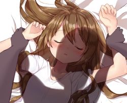Rule 34 | 1girl, arms up, bad id, bad pixiv id, bed sheet, blush, breasts, brown hair, closed eyes, collarbone, facing viewer, fingernails, goyain, hair between eyes, holding another&#039;s wrist, long hair, lying, on back, on bed, original, parted lips, pov, pov hands, shadow, shirt, short sleeves, small breasts, solo focus, upper body, waiting for kiss, white shirt