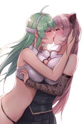 Rule 34 | 2girls, absurdres, asymmetrical docking, bandaged head, bandages, bare shoulders, black panties, blush, breast press, breasts, character request, cheonju, collared shirt, commission, copyright request, crop top, detached sleeves, drooling, eye contact, french kiss, green hair, grey hair, hair ornament, hand on another&#039;s head, highres, kiss, large breasts, looking at another, multiple girls, no pants, panties, pleated skirt, saliva, shirt, simple background, skirt, underwear, white background, yuri