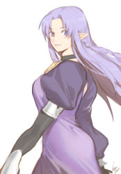 Rule 34 | 1girl, black gloves, blue eyes, breasts, medea (fate), dress, elbow gloves, fate/hollow ataraxia, fate/stay night, fate (series), from side, gloves, gomtang, light purple hair, light smile, long hair, long sleeves, medium breasts, pointy ears, purple dress, purple hair, short sleeves, smile, solo, white background