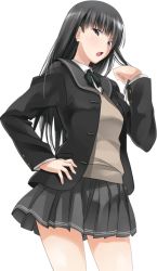 Rule 34 | 1girl, amagami, ayatsuji tsukasa, black eyes, black hair, black skirt, extraction, from below, hand on own hip, jacket, long hair, open mouth, pleated skirt, skirt, solo, transparent background