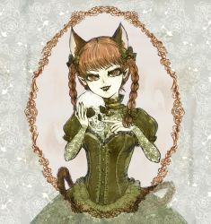 Rule 34 | 1girl, animal ears, bad id, bad pixiv id, bell, braid, cat ears, cat girl, cat tail, choker, demon girl, dress, embellished costume, extra ears, eyelashes, floral background, flower, framed, frills, gown, green dress, green ribbon, grin, holding, index finger raised, jingle bell, kaenbyou rin, lace, multiple tails, nazo (mystery), pale skin, pointy ears, puffy short sleeves, puffy sleeves, red eyes, red hair, ribbon, rose, sharp teeth, short sleeves, skull, slit pupils, smile, solo, tail, teeth, touhou, twin braids, victorian