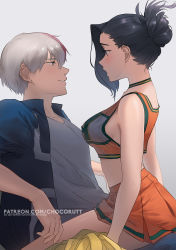 Rule 34 | 1boy, 1girl, alternate costume, artist request, black hair, blue eyes, blush, boku no hero academia, breasts, cheerleader, covered erect nipples, girl on top, grey background, grey eyes, highres, large breasts, looking at another, multicolored hair, open mouth, red hair, sideboob, silver hair, simple background, sitting, smile, tagme, teeth, todoroki shouto, yaoyorozu momo