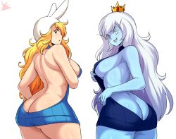 Rule 34 | 2girls, adventure time, animal ears, animal hood, ass, backless dress, backless outfit, bare back, bare shoulders, black eyes, blonde hair, blue skin, breasts, butt crack, colored eyelashes, colored skin, crown, dress, fionna campbell, genderswap, genderswap (mtf), highres, hood, ice queen (adventure time), jmg, large breasts, long eyebrows, long hair, meme attire, multiple girls, naked sweater, rabbit ears, rabbit hood, sharp teeth, sideboob, simple background, sleeveless, sleeveless turtleneck, sweater, sweater dress, teeth, turtleneck, turtleneck sweater, virgin killer sweater, white background, white eyes, white hair