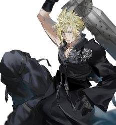 Rule 34 | 1boy, armor, asymmetrical arms, asymmetrical hair, black pants, blonde hair, blue eyes, cloud strife, earrings, final fantasy, final fantasy vii, final fantasy vii advent children, fusion swords, gloves, hair between eyes, high collar, highres, holding, holding sword, holding weapon, jewelry, leg strap, mikuroron, open collar, over shoulder, pants, shoulder armor, single earring, solo, spiked hair, strap, sword, thigh strap, upper body, weapon, weapon over shoulder, white background