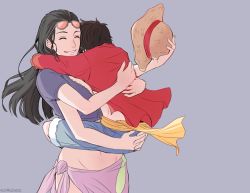 Rule 34 | 1boy, 1girl, age difference, black hair, hat, height difference, holding, holding person, hug, huh, leg lock, long hair, monkey d. luffy, navel, nico robin, one piece, short hair, skirt, smile, stomach, straw hat, sunglasses, sunglasses on head