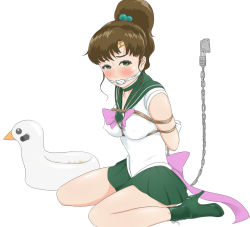 Rule 34 | 1girl, ankle boots, arms behind back, bdsm, bishoujo senshi sailor moon, blush, bondage, boots, bound, bow, breasts, brooch, brown hair, chain, choker, cloth gag, covered erect nipples, cross-laced footwear, d9 (t1982), gag, gagged, green eyes, heart, heart brooch, high heel boots, high heels, highres, improvised gag, jewelry, lace-up boots, long hair, pink bow, ponytail, potty, rope, sailor jupiter, shibari, shibari over clothes, sitting, skirt, solo, t1982, wariza